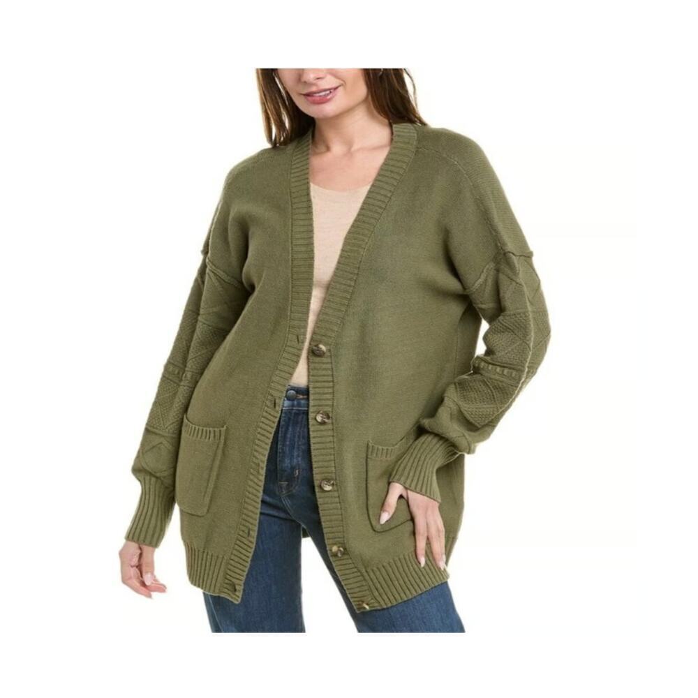 CAbi Womens Trinity Stitch Button Front Balloon Sleeve Cardigan Sweater Green M